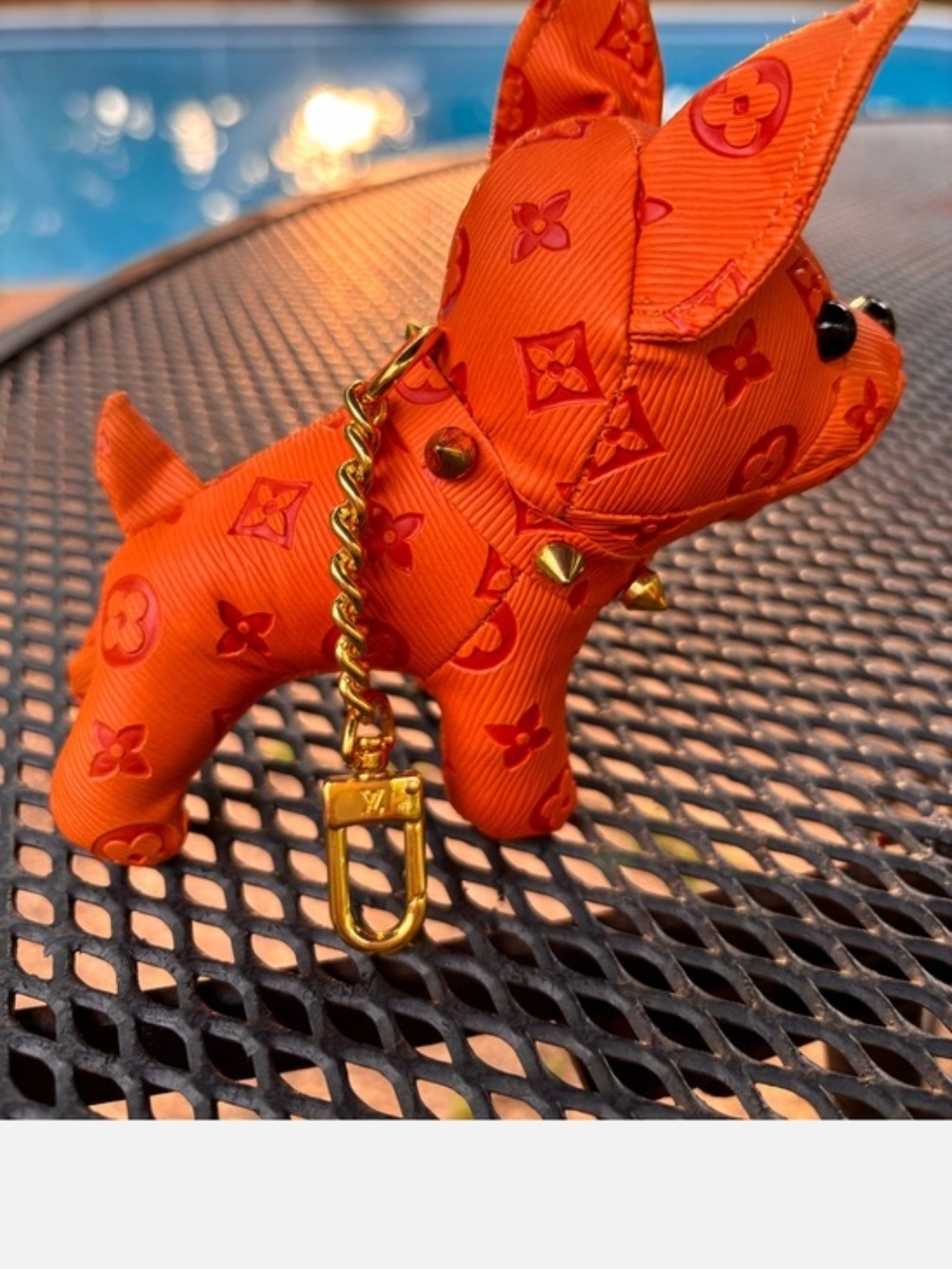 Orange Epi Leather Frenchie Dog Charm with Gold Studded Chain Adorable - Picture 5 of 8